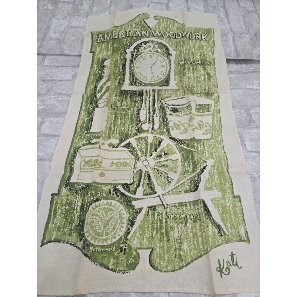 Vtg Linen Tea Towel American Woodwook Signed Kati 29x16" Clock Wheel Green Crisp